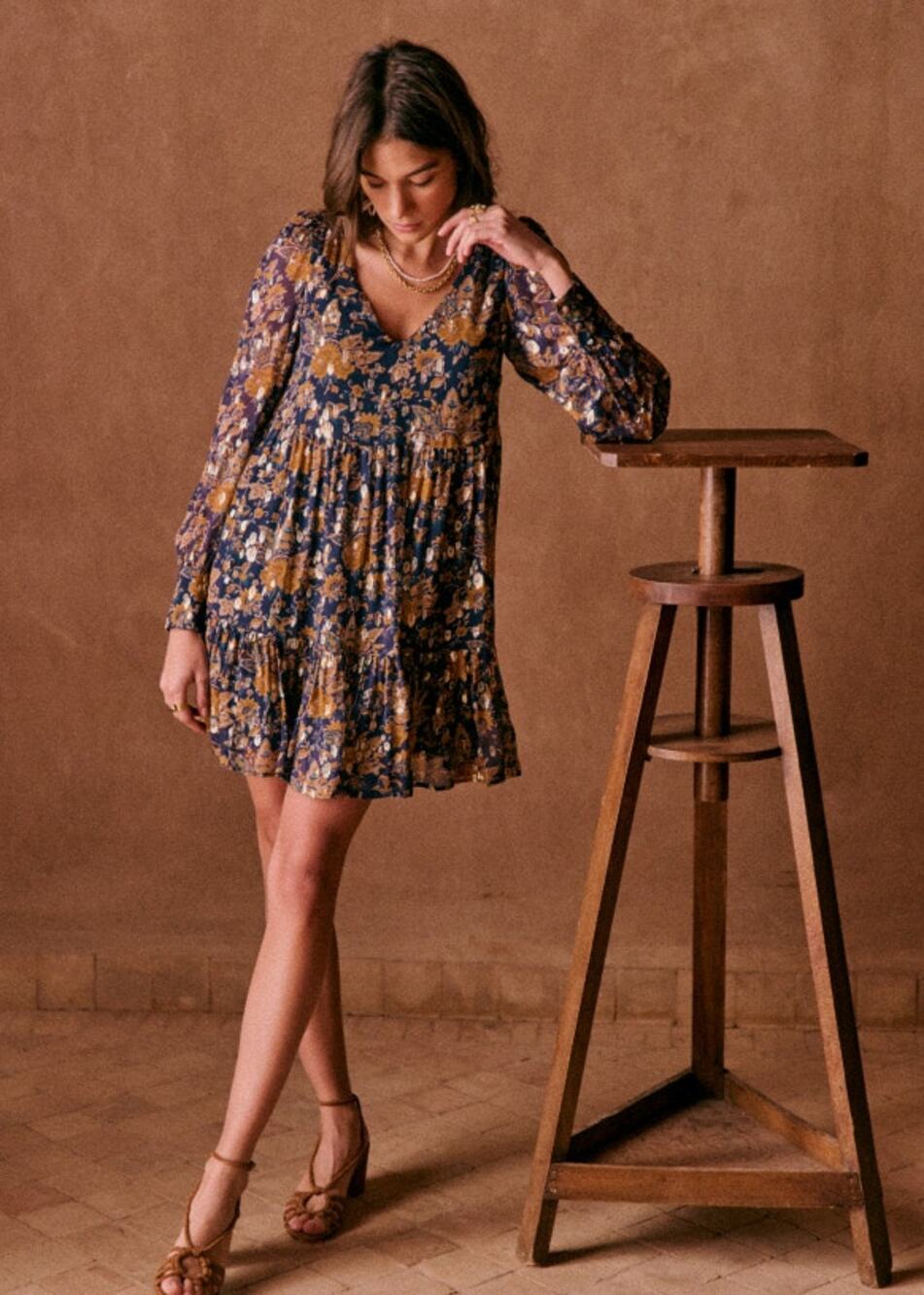 Sézane Aurena silk long sleeve baby doll mini dress in Doha Ochre WOMENS 38
